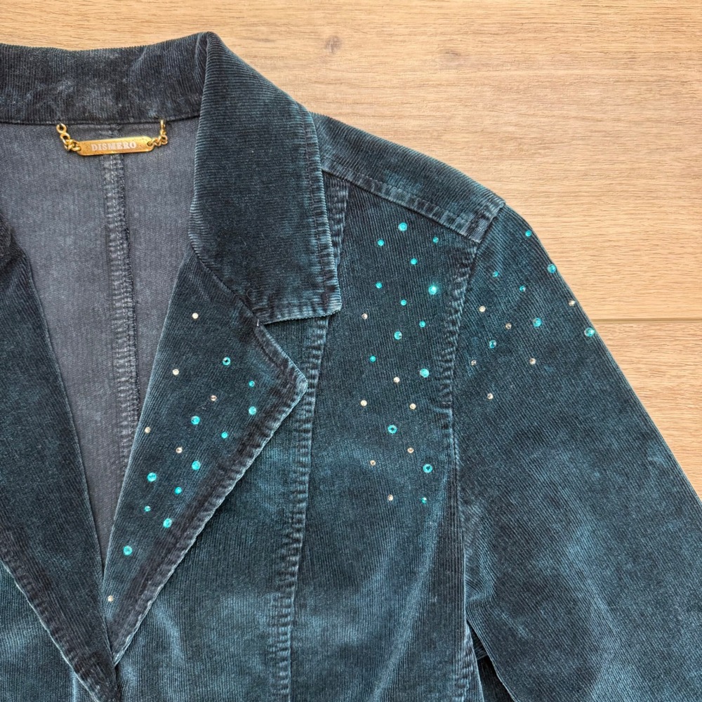 Dismero Italy Teal Blue Corduroy Rhinestone Embellished Blazer Jacket Womens 8